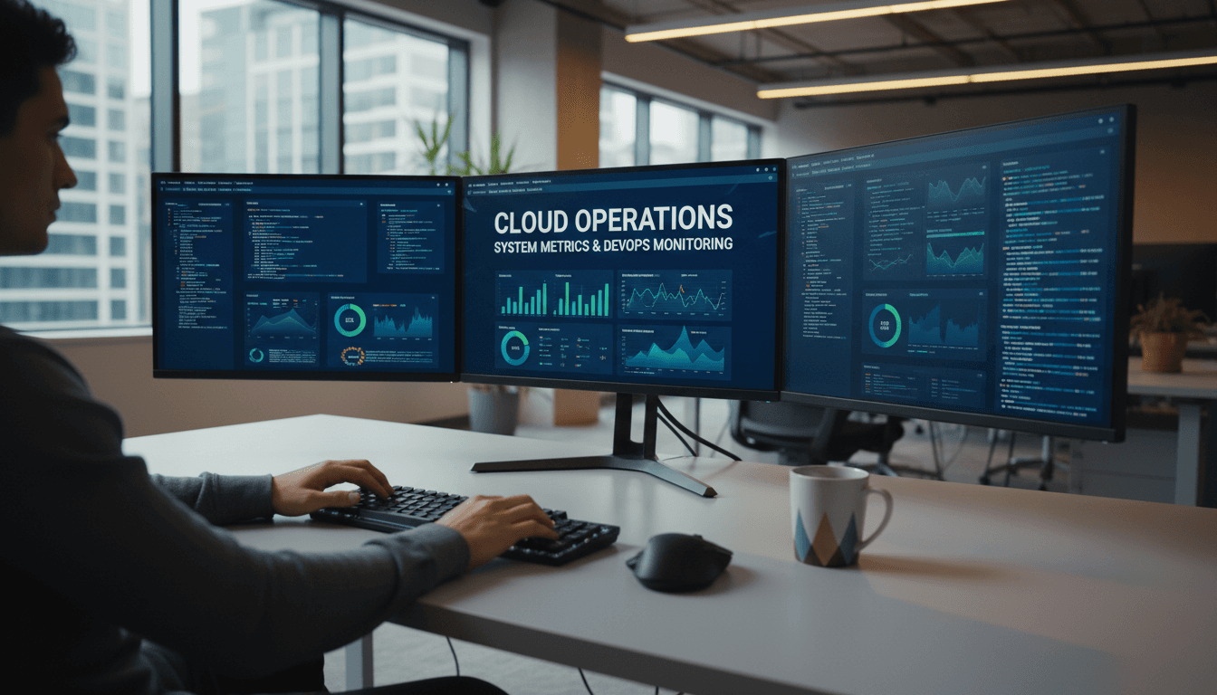 Developer workspace with cloud infrastructure dashboards and DevOps monitoring displays