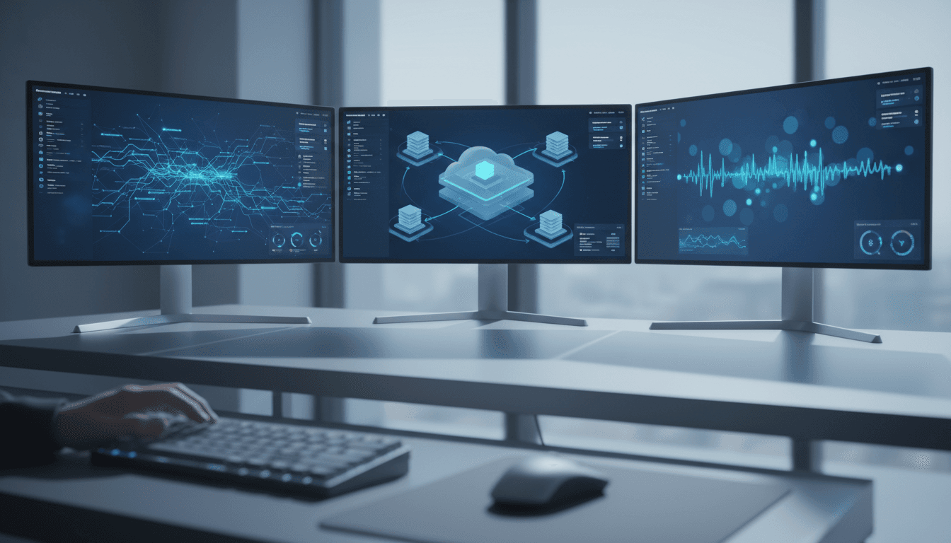 Modern tech workspace with multiple monitors displaying cloud infrastructure dashboards