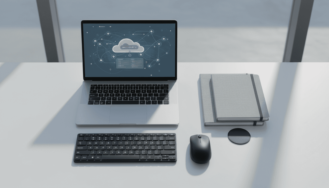 Modern workspace with laptop displaying cloud infrastructure