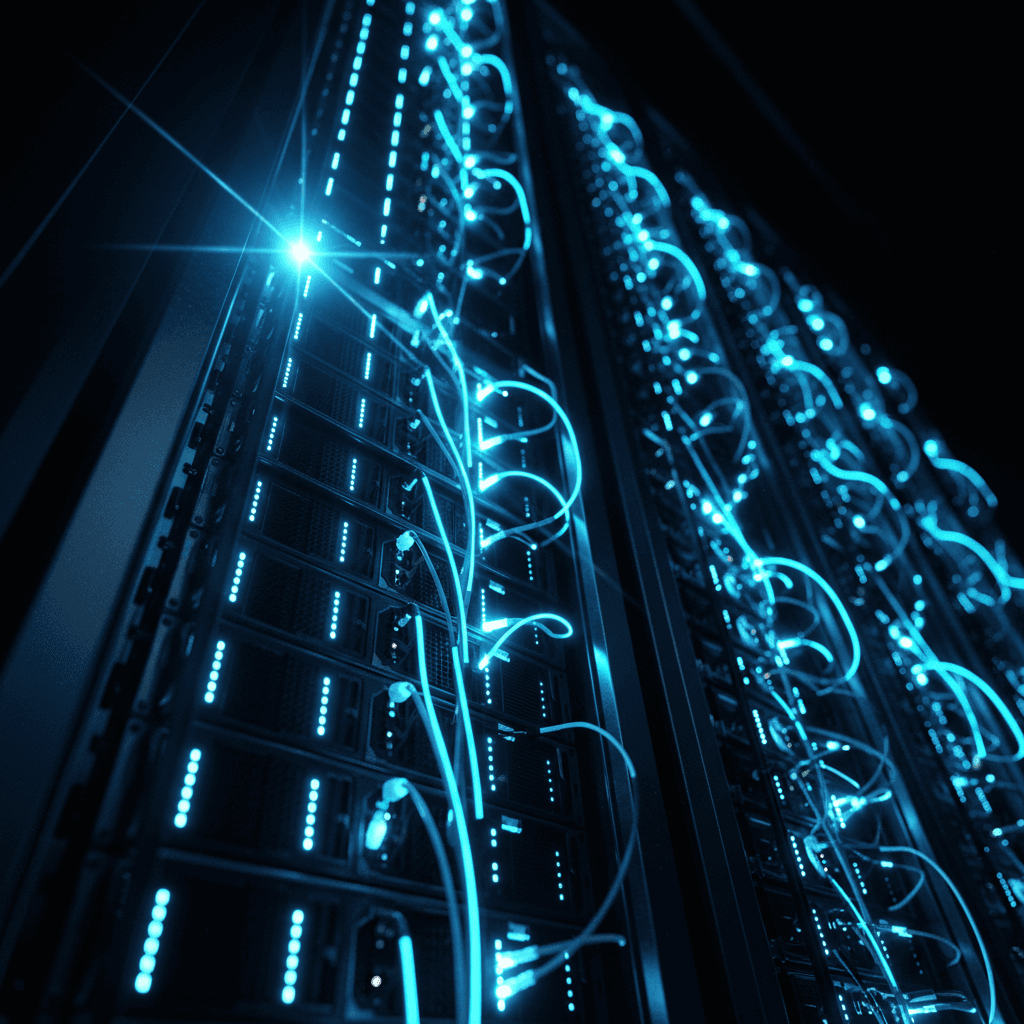 Server infrastructure expanding with blue indicator lights