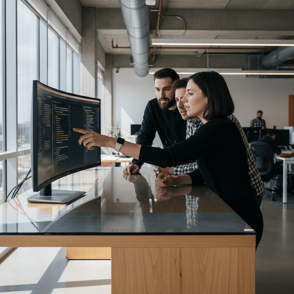 DevOps team collaborating on code review